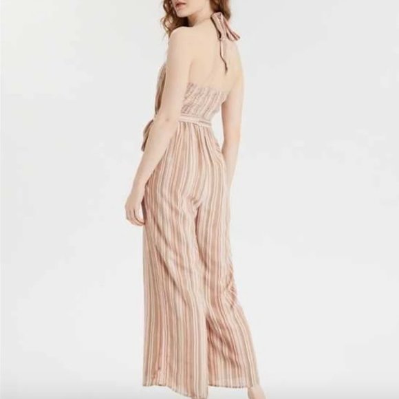 American Eagle Striped Tie Front Halter Jumpsuit button detail wide leg - Picture 4 of 13